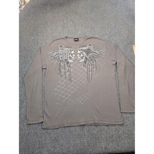 MMA Elite Shirt Mens 2XL Gray Waffle Thermal‎ Long Sleeve Skull Cross Graphic